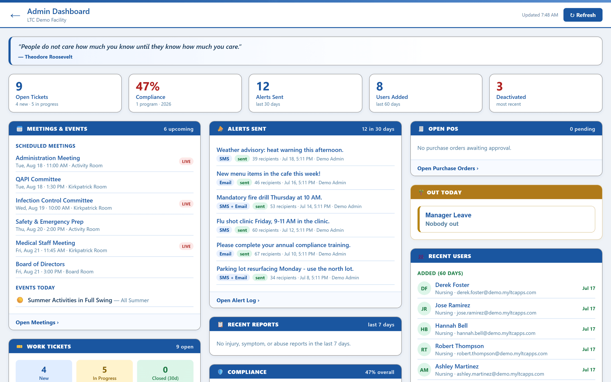 The MyLTC Apps Administrator Dashboard on a desktop monitor — a branded header with the facility name, a leadership quote of the day, and a stat strip reading 9 open tickets, 47% compliance, 12 alerts sent, 8 users added and 3 deactivated, above masonry cards for meetings and events, alerts sent, open purchase orders, who is out today, recent users, work tickets, recent reports and compliance