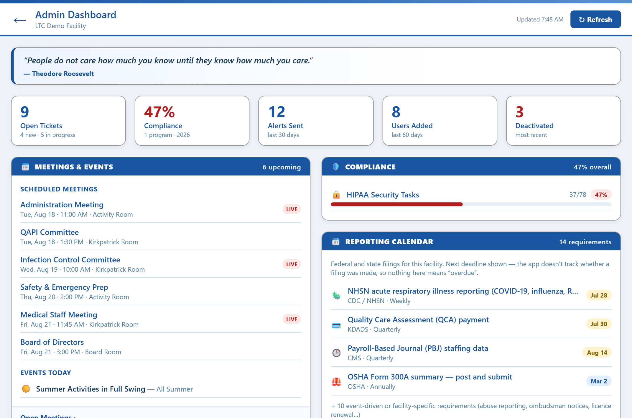 The same Administrator Dashboard at laptop width — the branded facility header, the leadership quote of the day, the five-tile stat strip in one row, and the masonry falling to two columns of cards for meetings and events, compliance and the reporting calendar