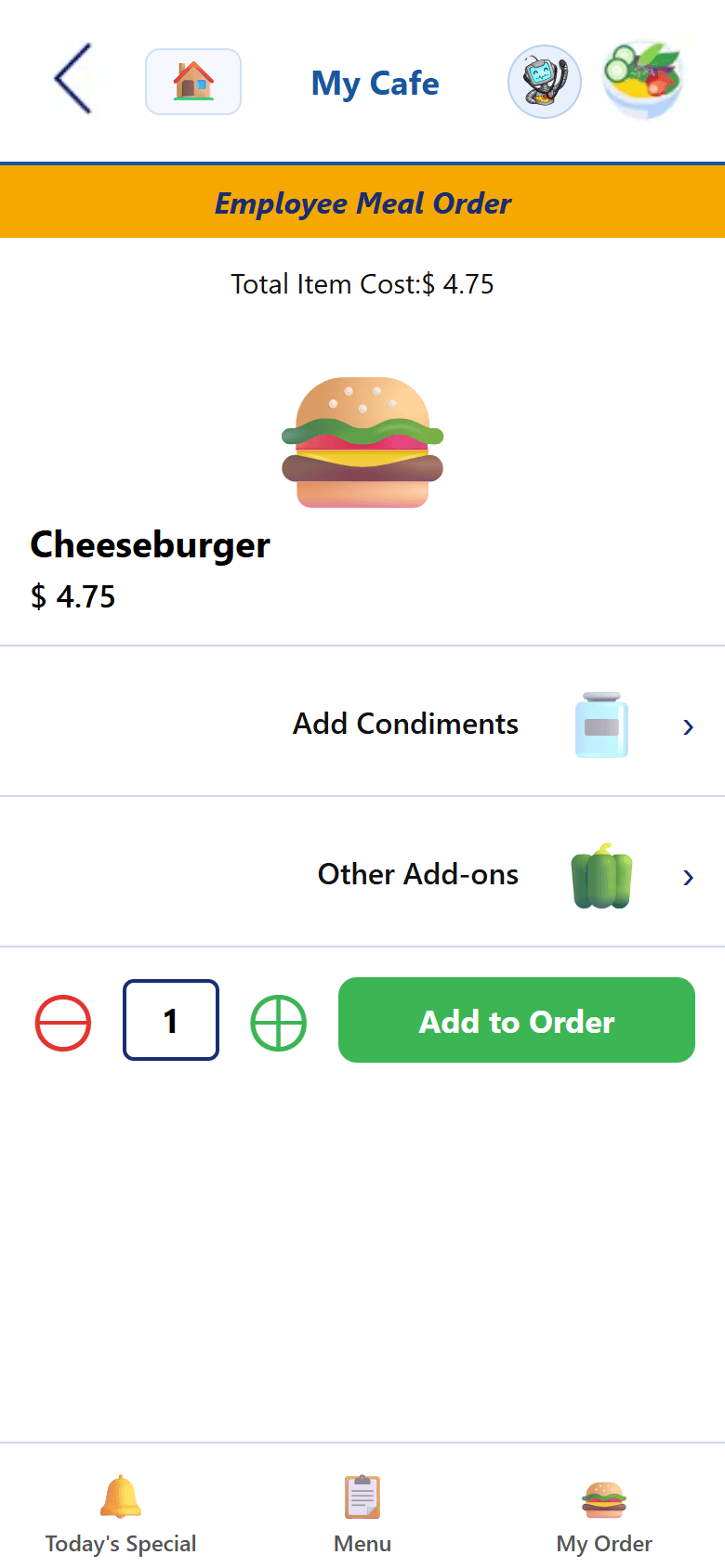 My Café app showing an employee customizing a meal order on a phone