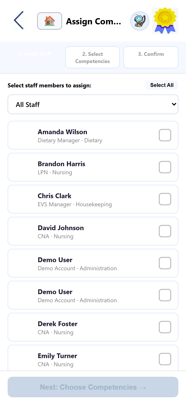 Assigning a competency in the app — select staff by role and department, choose competencies, then confirm