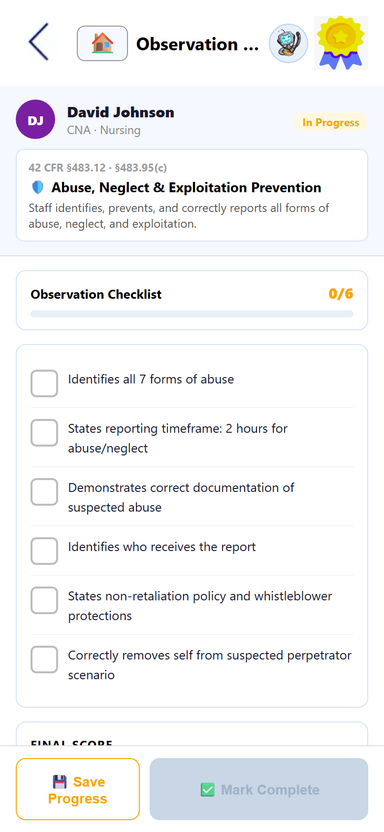 Competency sign-off on a phone — an observation checklist for abuse and neglect prevention with its CFR reference, scored and marked complete by the evaluator