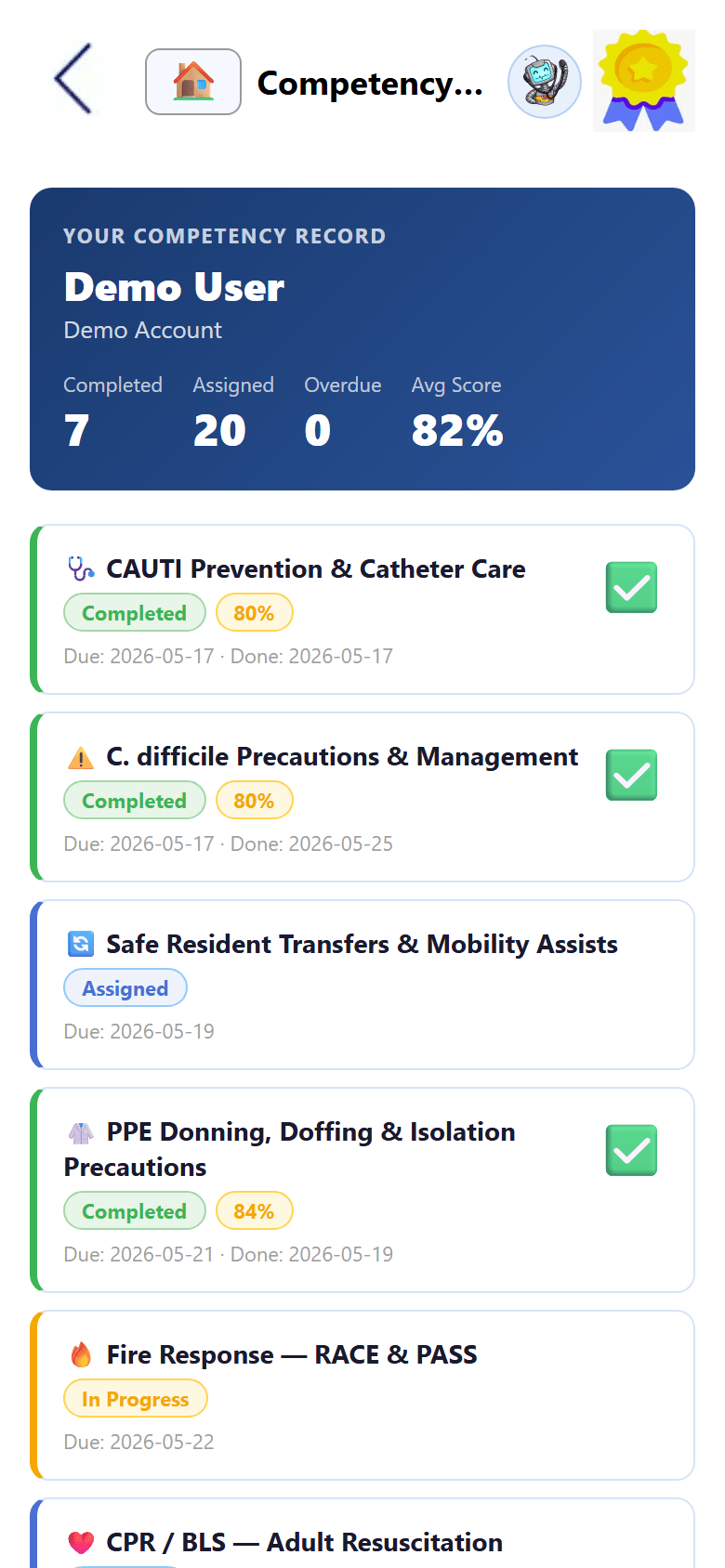 Nurse competency tracking app on a phone showing a staff member's competency record — completed, assigned and overdue counts with each competency's status and due date