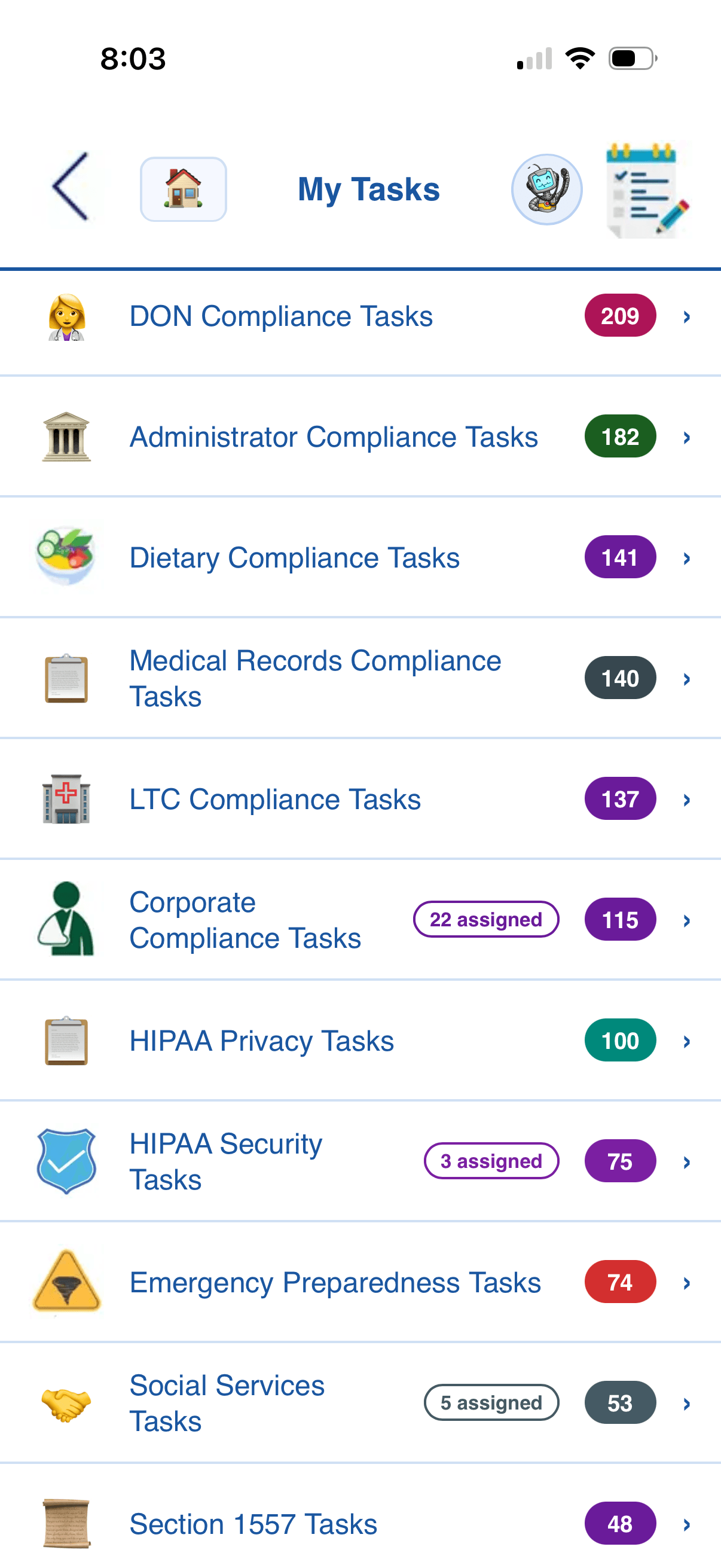 MyLTC Apps compliance task dashboard showing department checklists and open task counts