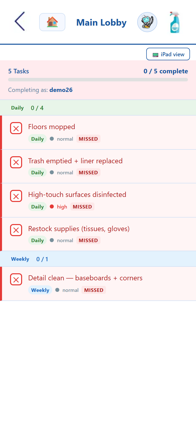 EVS Tasks app — Main Lobby daily and weekly cleaning checklist with missed-task flags