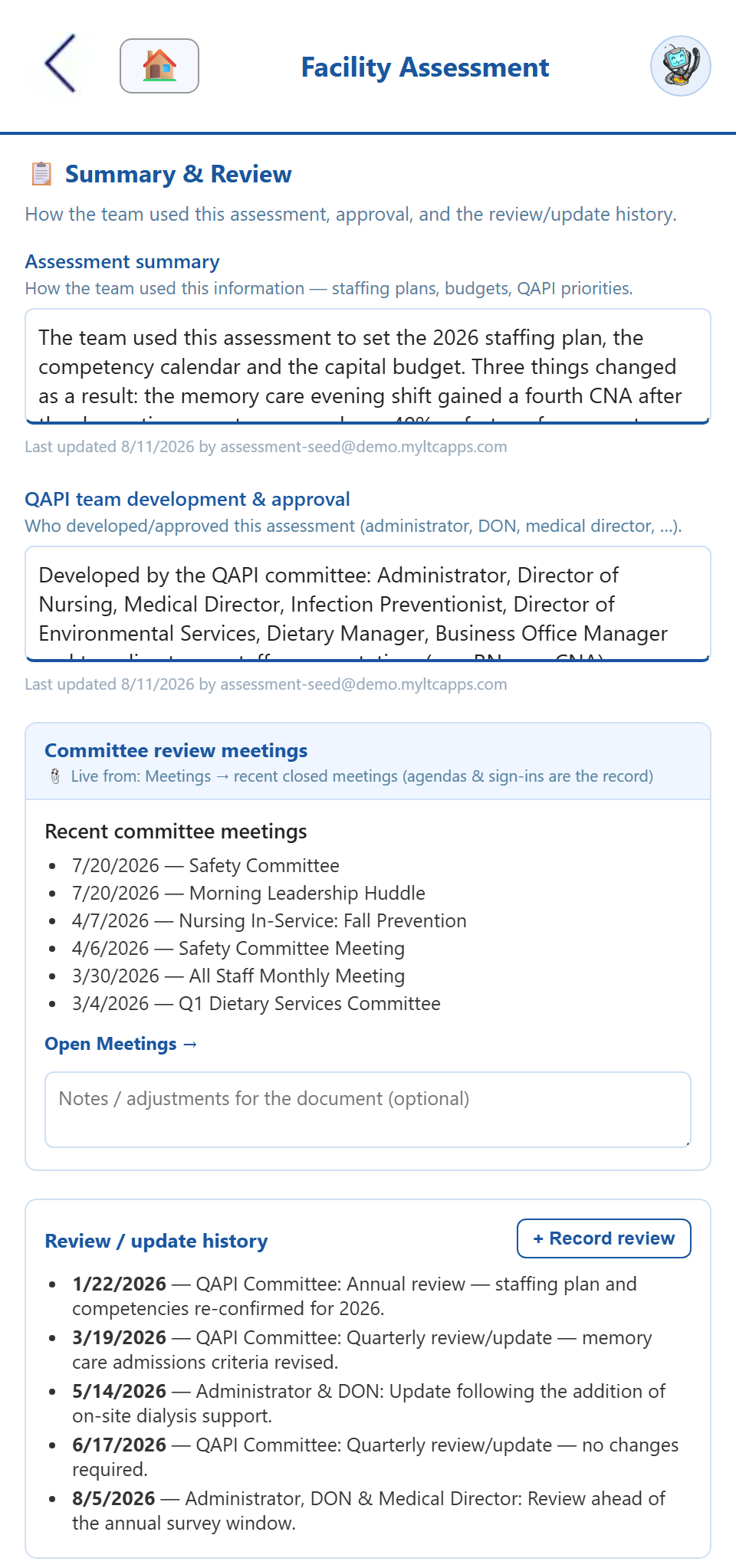 The Summary & Review section — the assessment summary and QAPI approval, committee meetings pulled live from the Meetings app, and a review/update history stamped with each review's date and who recorded it