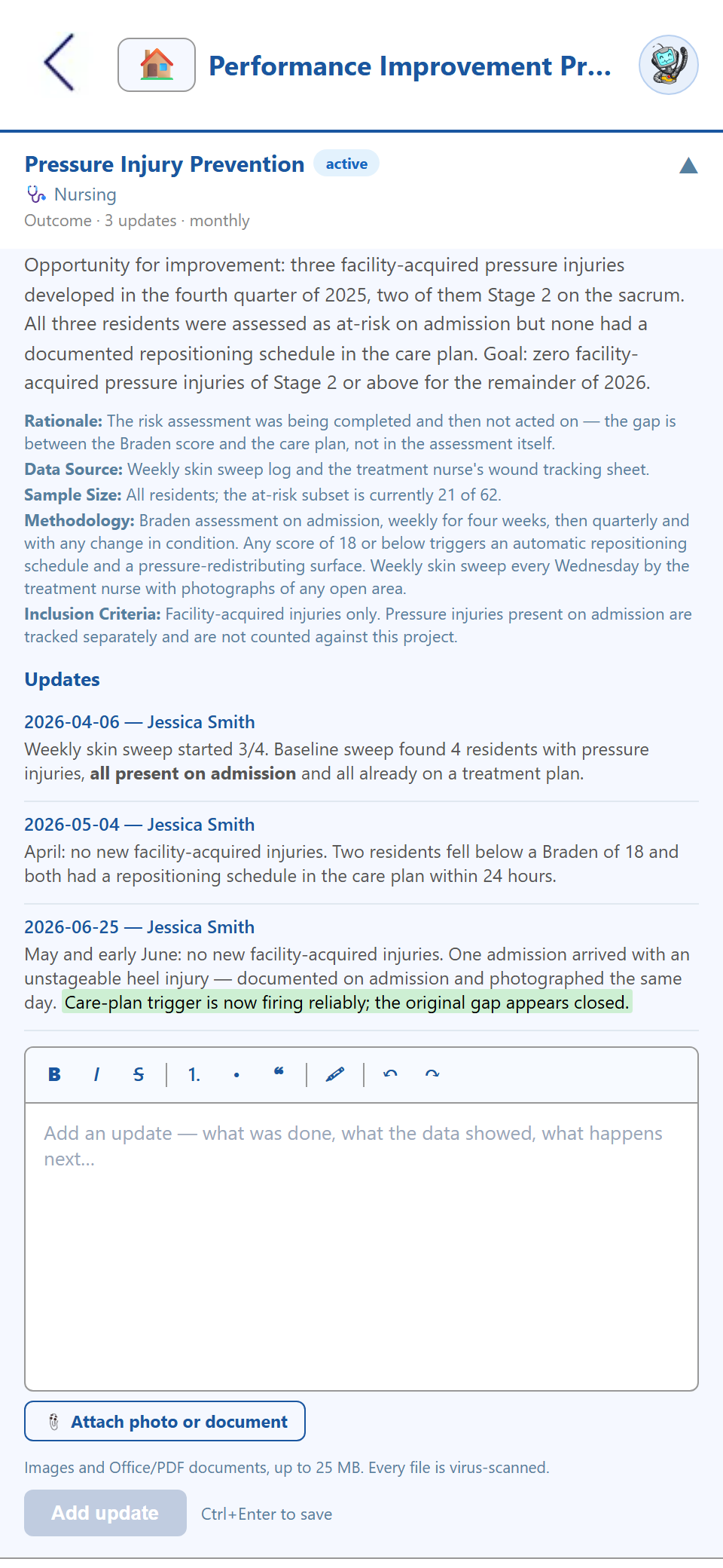 A performance improvement project opened out — the charter's opportunity statement, rationale, data source, sample size, methodology and inclusion criteria, followed by dated progress notes each stamped with who wrote them