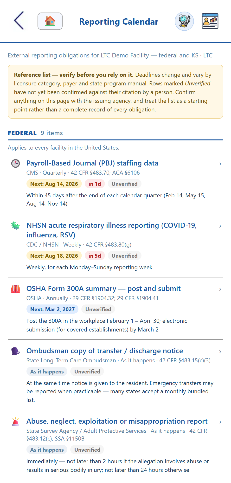 The regulatory reporting calendar — PBJ staffing data, NHSN respiratory reporting, OSHA Form 300A and ombudsman transfer notices, each with its agency, cadence, CFR citation and the next date it comes due