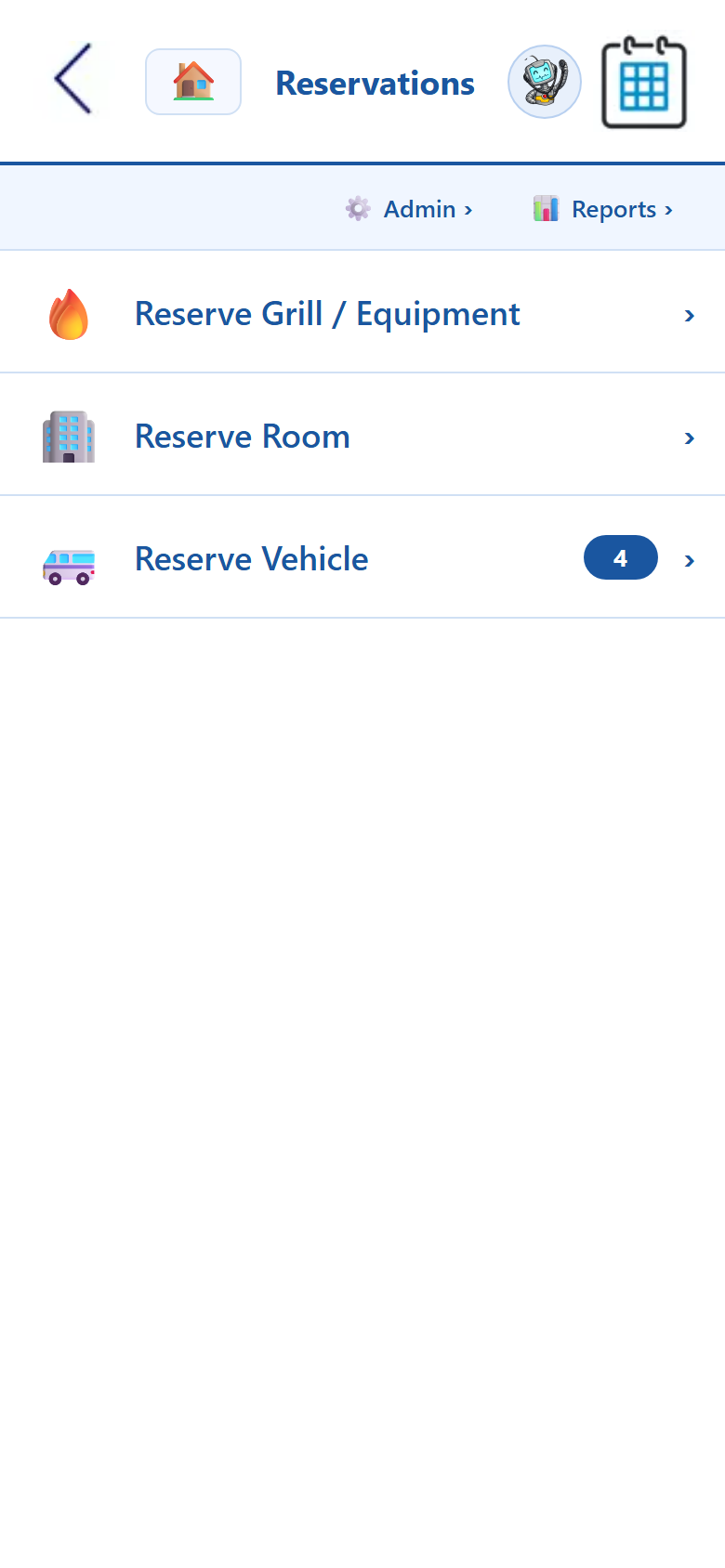 Reservations app home screen — Reserve Room, Reserve Vehicle, and Reserve Grill / Equipment, with Admin and Reports