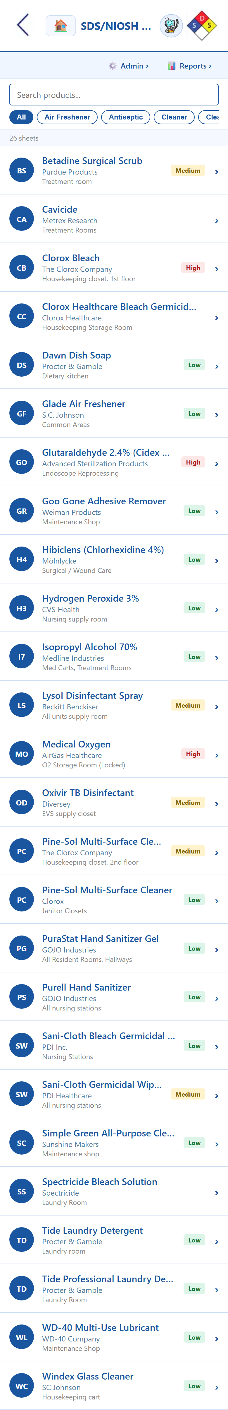 SDS Sheets app — searchable safety data sheet library with category filters and Low, Medium, High hazard badges